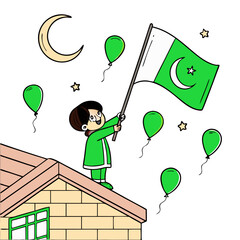 Vector illustration of a girl holding a green balloon and a waving flag. Cheerful character, festive mood, suitable for national events, celebrations, independence day, or children's themes.

