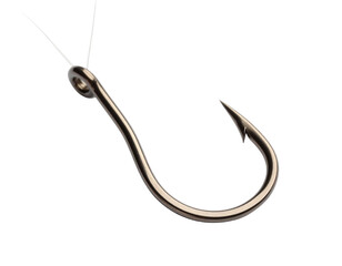 A sharp fishing hook, isolated on a white background, representing fishing and outdoor hobbies.