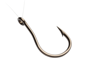 A sharp fishing hook, isolated on a white background, representing fishing and outdoor hobbies.