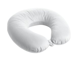 A soft grey neck pillow, isolated on a white background, for travel comfort and relaxation.