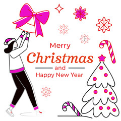 Vector illustration of a "Merry Christmas and Happy New Year" greeting template with festive ribbon. Elegant layout, holiday colors, perfect for cards, banners, and seasonal promotions.

