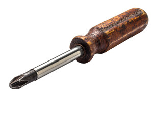 A rusty old screwdriver, isolated on a white background, for industrial and vintage themes.