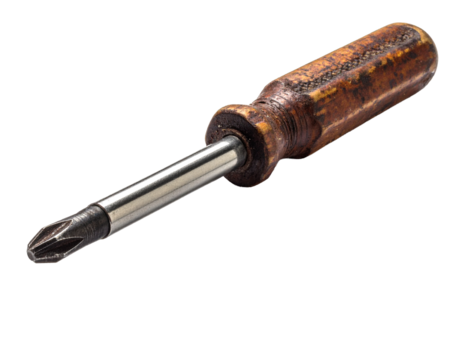 A rusty old screwdriver, isolated on a white background, for industrial and vintage themes.