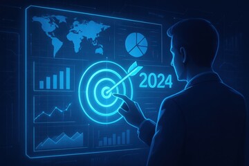 A businessman interacts with a futuristic digital interface displaying global data and charts, aiming for success in 2024