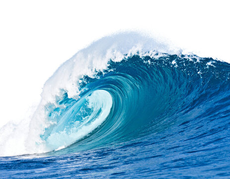 A powerful tsunami wave, cresting dramatically, isolated on a white background, representing natural forces and disaster. - Powered by Adobe