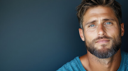 Fototapeta premium Calm man with blue eyes and beard, expressing confidence and serenity in close up portrait