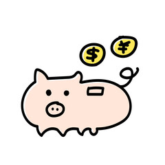 ブタの貯金箱とドル・円コインのイラスト｜かわいい資産運用・節約・為替のイメージ素材