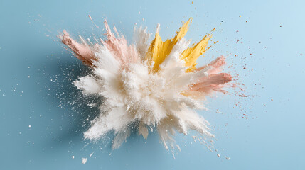 Vibrant burst of splattered paint creates dynamic explosion of color against blue background