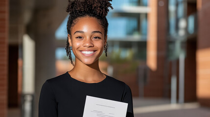 Smiling student holding certificate in modern building