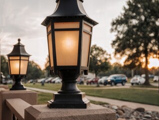 Vintage Lantern on Stone Post at Sunset
