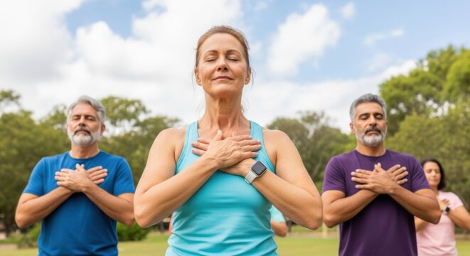 A group of diverse adults practice mindful breathing exercises with their eyes closed in a park setting