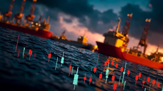 Dynamic maritime scene with oil rig backdrop showcases vibrant trading data, highlighting market disruption and technology ocean finance
