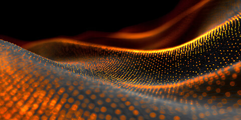 Abstract flowing wave of glowing orange and silver particles with dark background