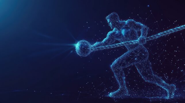 Powerful athlete pulling a rope, polygonal style.