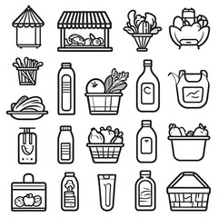 Hand-drawn line art icons depicting fresh produce, market stalls, and reusable containers; minimalist black and white style; conveying a healthy, sustainable, and eco-conscious mood.