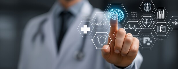 Doctor Activating Digital Medical Interface with Healthcare Icons – Innovative Technology in Modern Medicine, Virtual Health Solutions, and Futuristic Diagnostic Systems