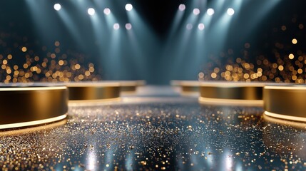 Glistening stage with golden circular platforms and sparkling lights for an upcoming performance event