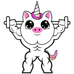  cute and funny unicorn muscle character with a kawaii face and a strong bodybuilder physique, lifting a barbell. This vector illustration is perfect for gym humor and fitness mascots.