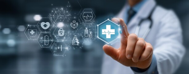 Doctor Activating Digital Medical Interface with Healthcare Icons – Innovative Technology in Modern Medicine, Virtual Health Solutions, and Futuristic Diagnostic Systems