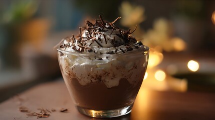 A glass bowl filled with chocolate mousse topped with whipped cream and chocolate shavings on a table