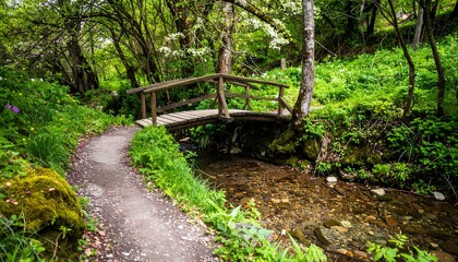 A wooden bridge over a stream in a lush forest path trees