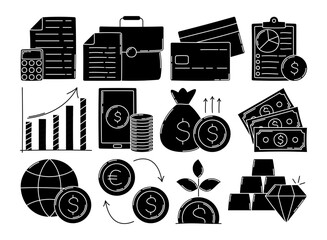 Glyph style global business icons with finance, money, credit, and growth elements. Perfect for infographics, reports, and web designs.