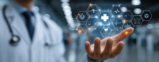 Doctor Activating Digital Medical Interface with Healthcare Icons – Innovative Technology in Modern Medicine, Virtual Health Solutions, and Futuristic Diagnostic Systems