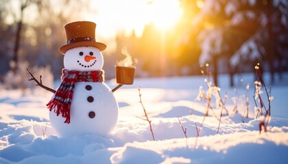 A cheerful snowman in the morning with a cup of warm drink during winter Christmas