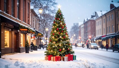 Christmas tree with ornaments and colorful gifts on city street