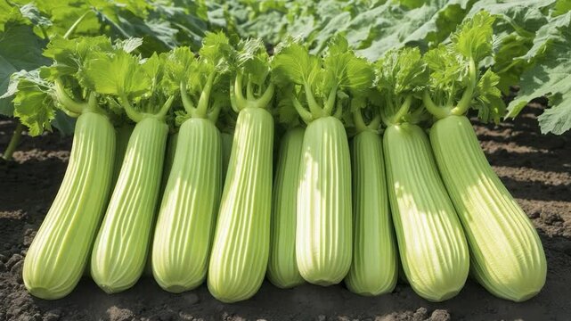 Fresh celery stalks in a field