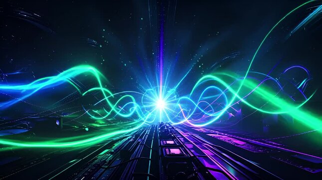 Hypnotic animation of neon energy bursts in shades of blue, green and purple.