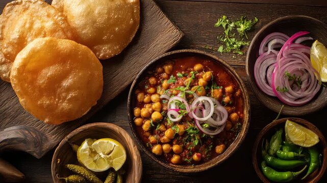 Top-Down View of a Traditional Indian Meal of Chole Bhature