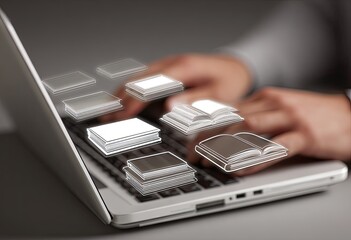 Close-up of hands typing on a laptop with digital book icons overlaid