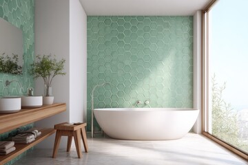 Modern bathroom with freestanding tub, wood accents, and teal hexagonal tiles