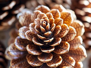 Intricate, repeating pattern of natural pinecone scales in a detailed close-up. Abstract woody texture of a brown pine cone from a forest