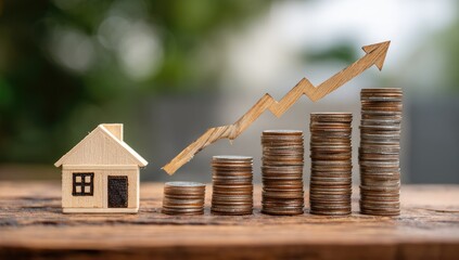 Wooden house model beside rising stacks of coins and upward arrow, signifying increasing property value