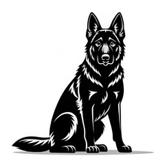German Shepherd Dog, Black and White Vector Illustration, Sitting Pose, Strong, Loyal, Protective, Alert, Powerful, Majestic, Noble, Canine, Animal, Pet, Breed.