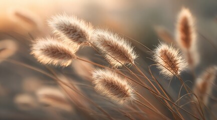 Soft, golden-hued grass seed heads gently sway in a warm, shallow depth of field sunset