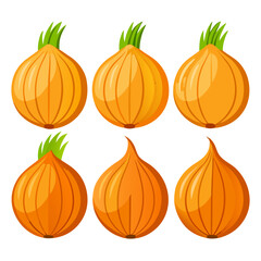A Collection of Six Cartoon Style Yellow Onions with Green Shoots Displayed in Two Rows on a White Background Perfect for Culinary Illustrations or Food