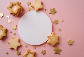 A pink background features star-shaped cookies and gold confetti arranged around a blank circular space, ideal for text or branding