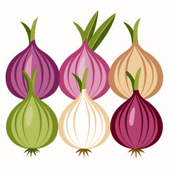A colorful and stylized illustration of six onions in various colors including red white yellow and green arranged in a two by three grid on