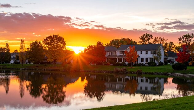 Autumn sunset over a tranquil pond