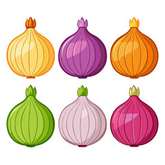 Colorful Onion Variety A Cartoon Illustration Featuring Six Different Types of Onions Including Yellow Purple Green and Red Displayed on a Clean White Background cartoon