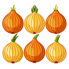 A Collection of Six Cartoon Onions in Varying Shades of Yellow and Orange with Green Shoots Isolated on a White Background Perfect for Culinary or