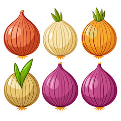 Colorful Cartoon Onions A Variety of Red White Yellow and Purple Onions with Green Shoots Perfect for Culinary Illustrations and Vegetable Themed Designs and Educational