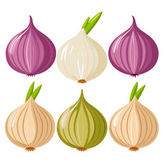 A colorful arrangement of six stylized onions in various colors including red white green and yellow set against a clean white background perfect for culinary