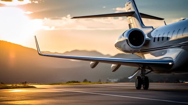 White Jet Plane On Runway At Sunset