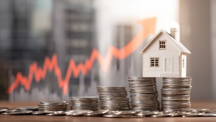 A small house model rests atop stacks of coins, symbolizing rising property value, with a blurred city backdrop and a red upward trending graph