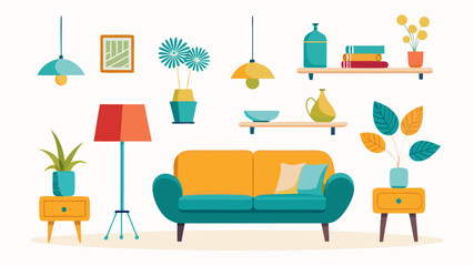 Fototapeta premium Vibrant Living Room Interior with Mid Century Modern Furniture and Decor Elements Featuring a Teal Sofa Yellow Accents Plants Lamps and Shelves Against a Clean