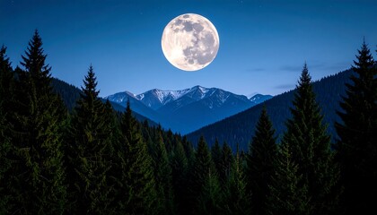 Full moon over a mountain range at night